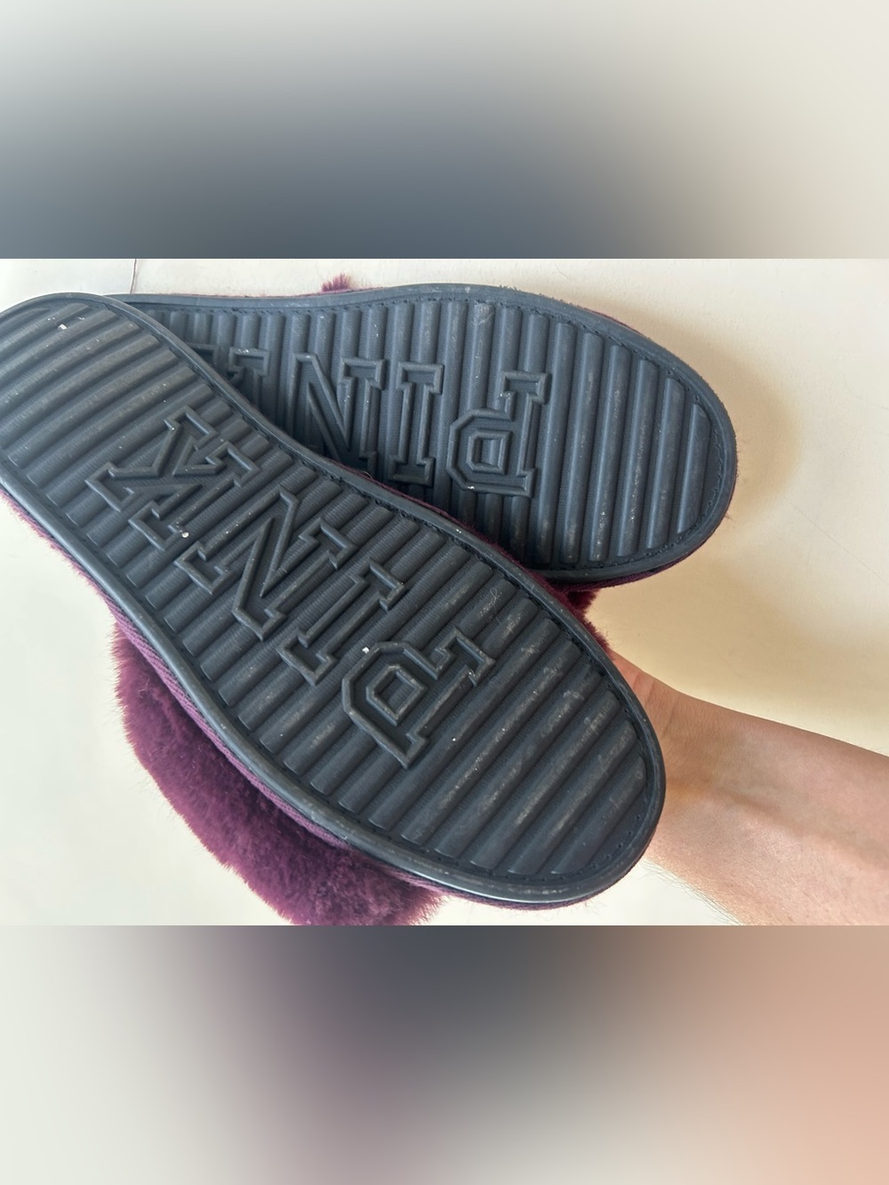 PINK Victoria's Secret Plush Slide Sandals in Deep Plum with Silver Dog Logo - Picture 7 of 8